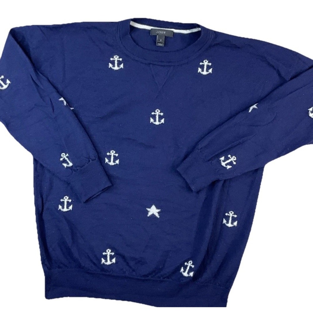 J Crew Sweater Womens Small Anchor Light Pullover Crewneck Merino Wool Navy Blue